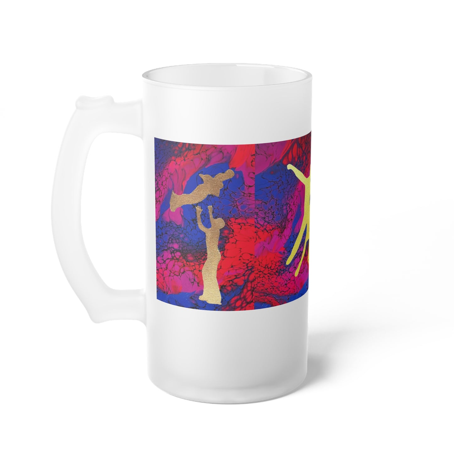 Chope à bière en verre dépoli avec motif de patineurs en couple 