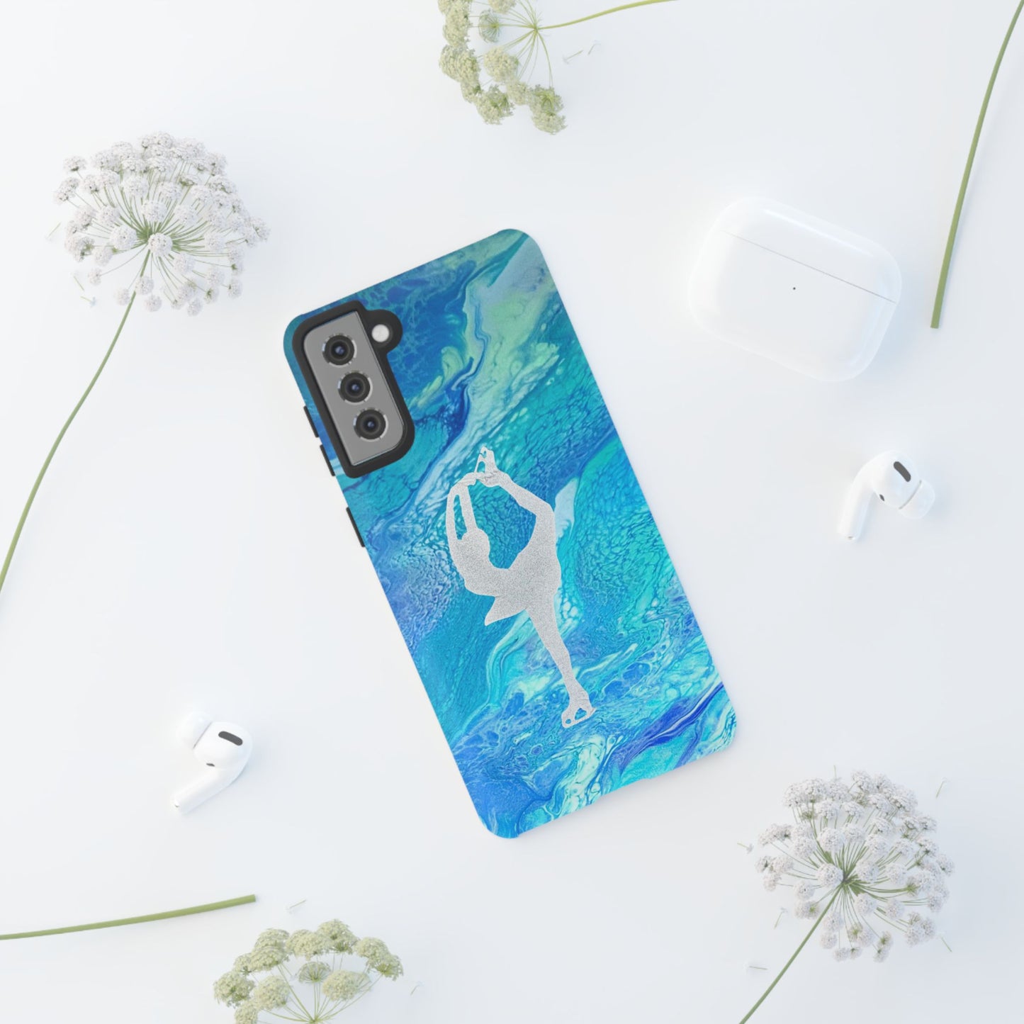 Tough phone cases for IPhone, Samsung and Google Pixel devices with figure skating design