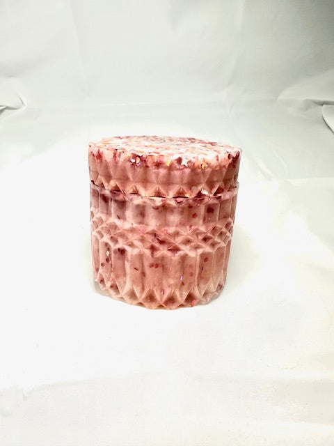 Diamond design resin box cylindrical with flat lid rose colored with sparkles