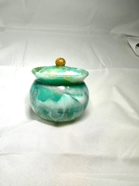 small round resin box with lid sparkly mint green and gold