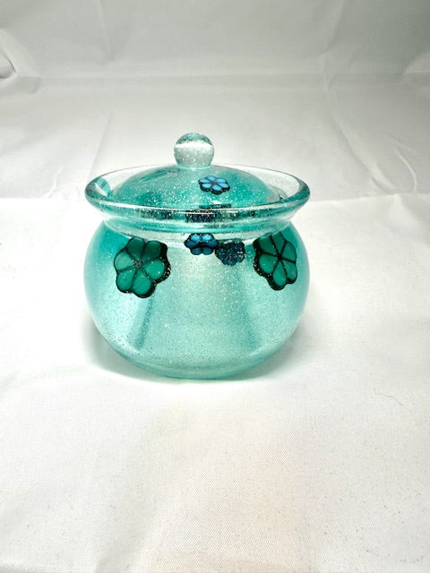 small round resin box with lid sparkly turquoise with flowers